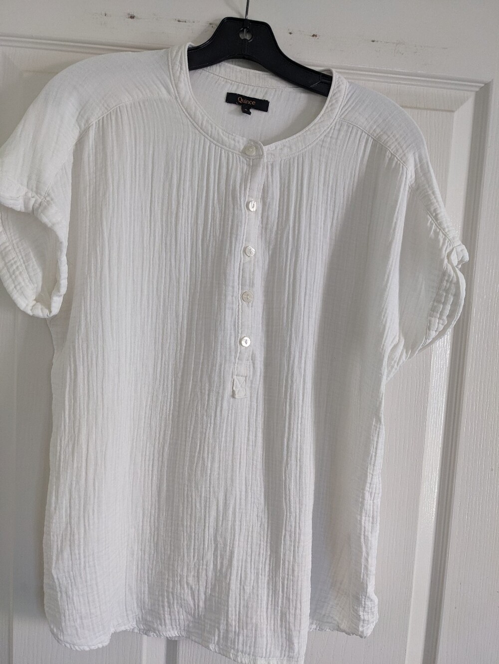 Quince Women's White Short-Sleeve Button-Front Cotton Gauze  Top